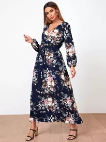 SHEIN Clasi Surplice Neck Self Belted Botanical Print Dress - Navy Blue - View 3