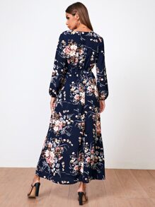 SHEIN Clasi Surplice Neck Self Belted Botanical Print Dress - Navy Blue - View 2