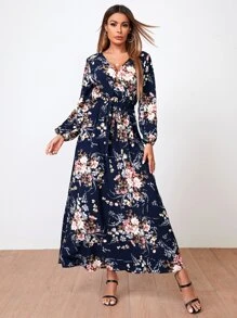SHEIN Clasi Surplice Neck Self Belted Botanical Print Dress - Navy Blue - View 4