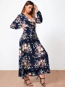 SHEIN Clasi Surplice Neck Self Belted Botanical Print Dress - Navy Blue - View 5