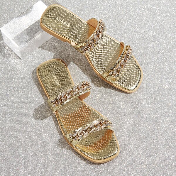 

Rhinestone Decor Snakeskin Graphic Slide Sandals, Gold