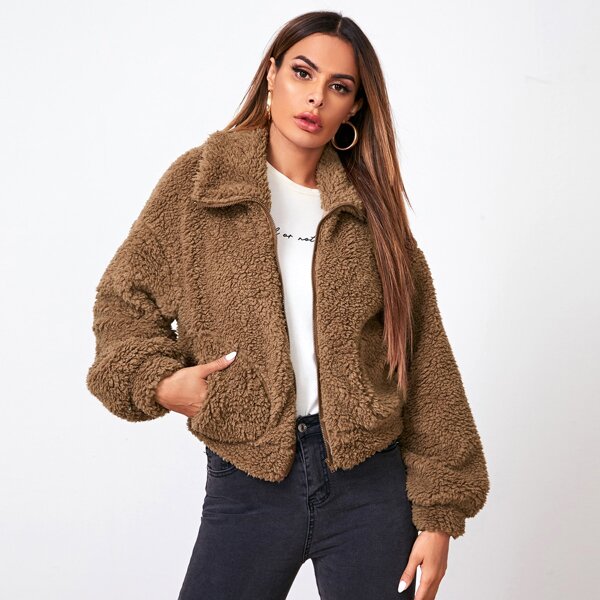 

Zipper Front Teddy Jacket, Mocha brown