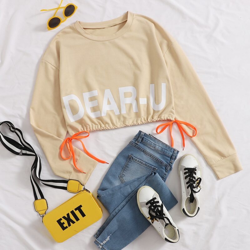 

Drawstring Hem Letter Graphic Pullover, Khaki