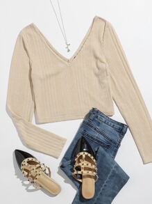 SHEIN Ribbed Long Sleeve Cropped Tee - Beige - View 1