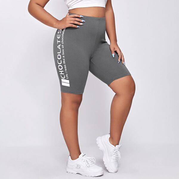 

Plus Slogan Graphic Biker Shorts, Grey
