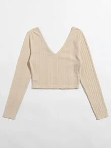 SHEIN Ribbed Long Sleeve Cropped Tee - Beige - View 2