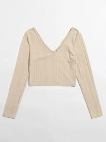 SHEIN Ribbed Long Sleeve Cropped Tee - Beige - View 3