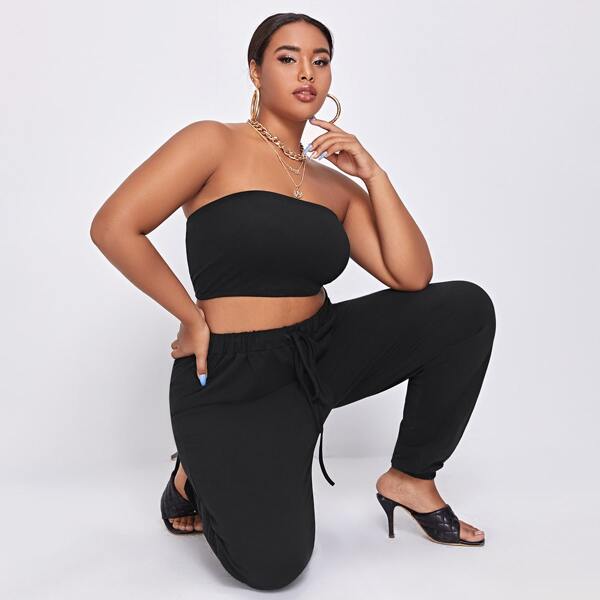 

Plus Solid Tube Top and Drawstring Waist Joggers Set, Black