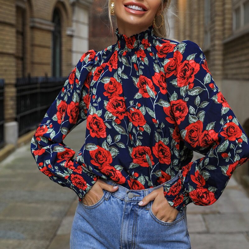 

Shirred Neck Lantern Sleeve Floral Top, Multicolor