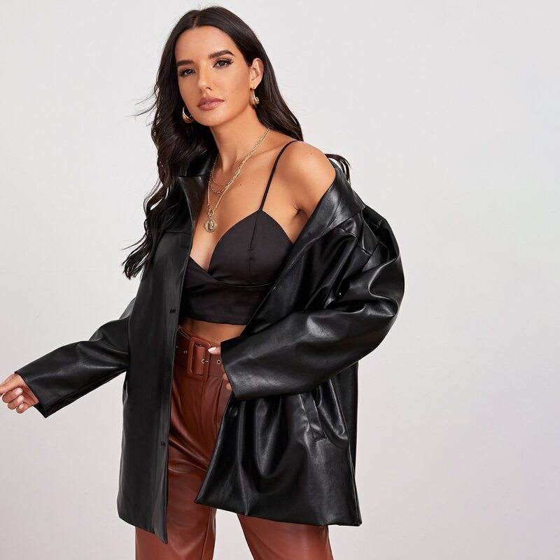 

Notch Collar Pocket Side PU Leather Blazer, Black