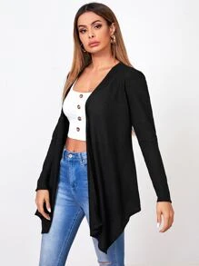 SHEIN LUNE Abrigo bajo asimétrico abierto delantero - Negro - Ver 4