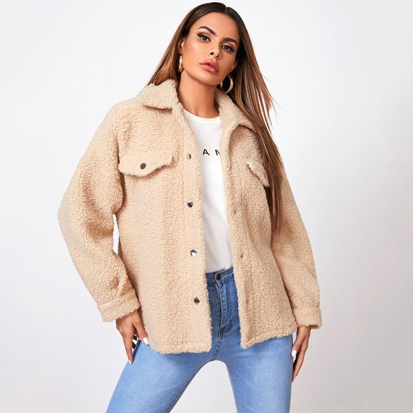 

Collared Buttoned Front Flap Detail Teddy Coat, Apricot