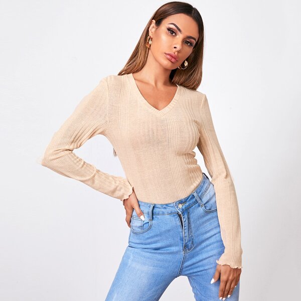 

V-Neck Rib-knit Tee, Apricot