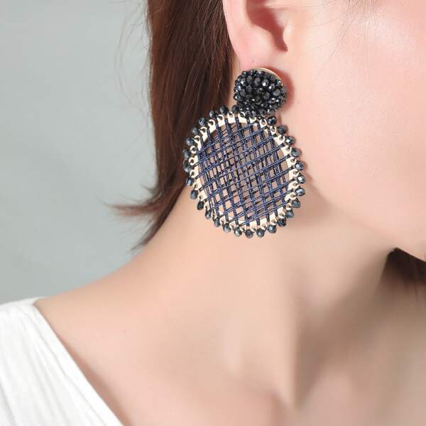 

Crystal Decor Round Drop Earrings, Navy blue
