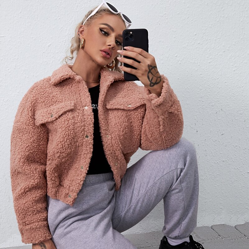 

Flap Pocket Drop Shoulder Teddy Jacket, Dusty pink