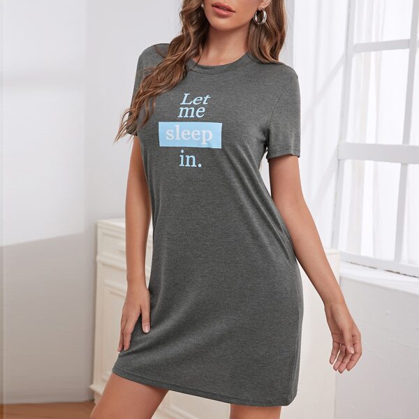 

Slogan Print Round Neck Tee Dress, Dark grey