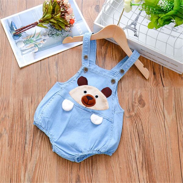 

Baby Girl Cartoon Patched Denim Bodysuit, Light wash