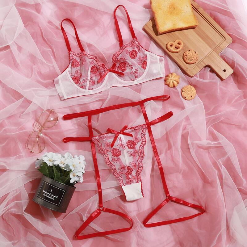 

Floral Lace Garter Lingerie Set, Red
