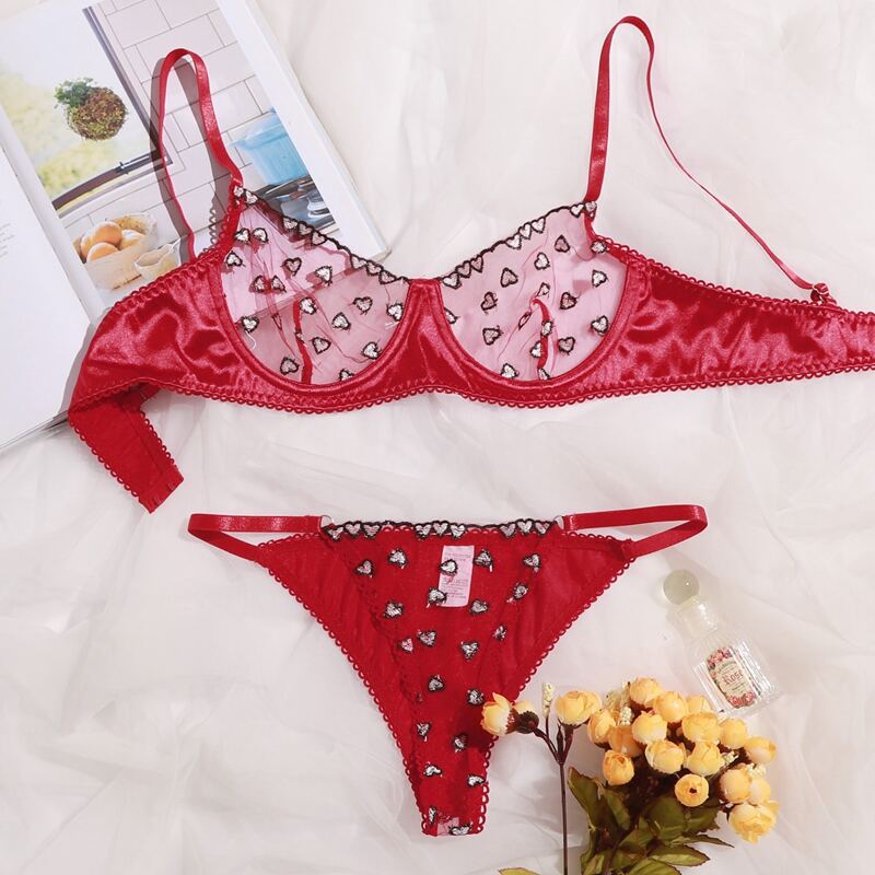 

Heart Embroidery Satin Lingerie Set, Red