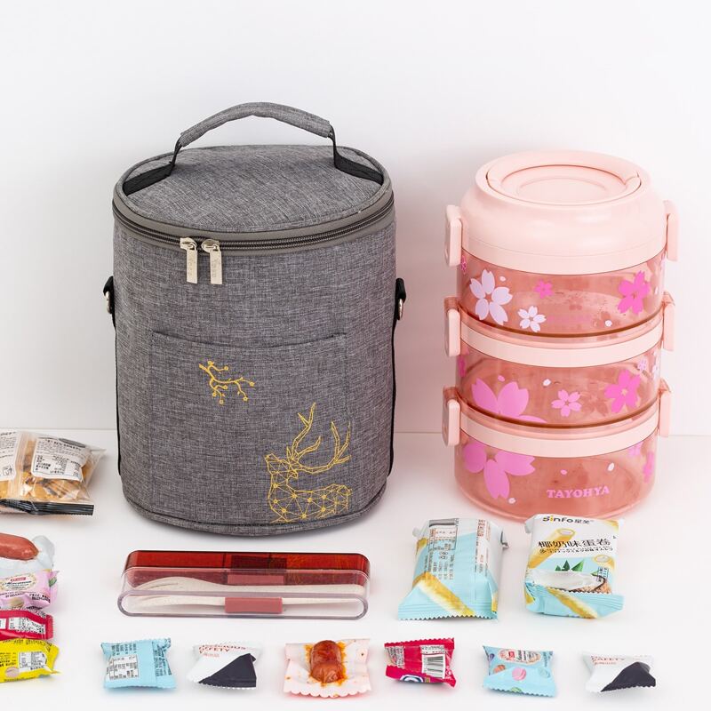 

1pc Geometric Elk Print Round Insulation Lunch Bag, Grey