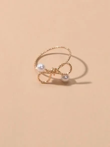 Faux Pearl Decor Bow Design Ring - Yellow Gold - View 3