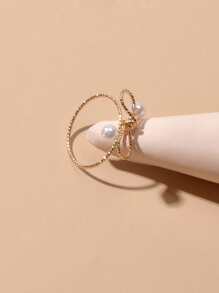 Faux Pearl Decor Bow Design Ring - Yellow Gold - View 4