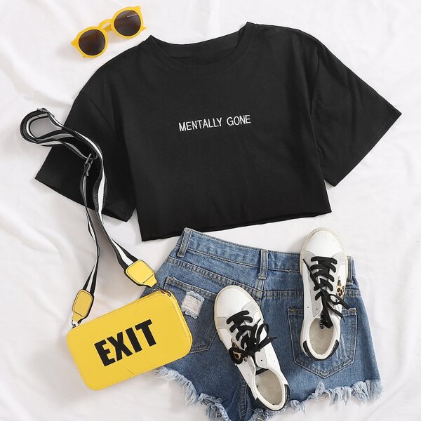 

Letter Embroidered Crop Tee, Black