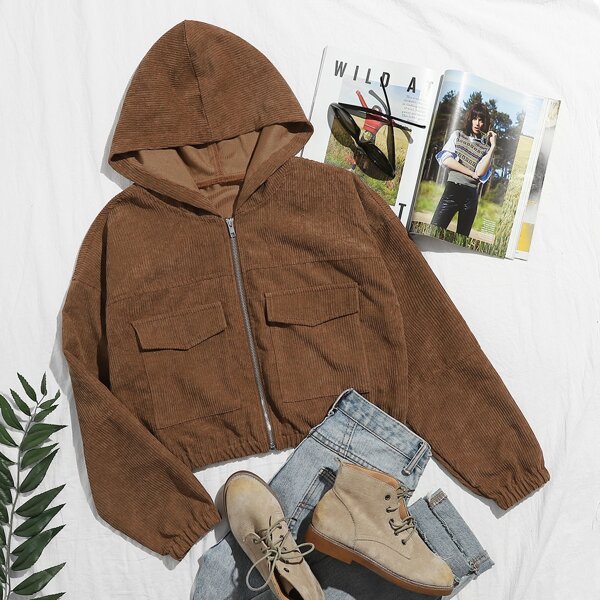 

Flap Pocket Zip Up Corduroy Crop Jacket, Coffee brown