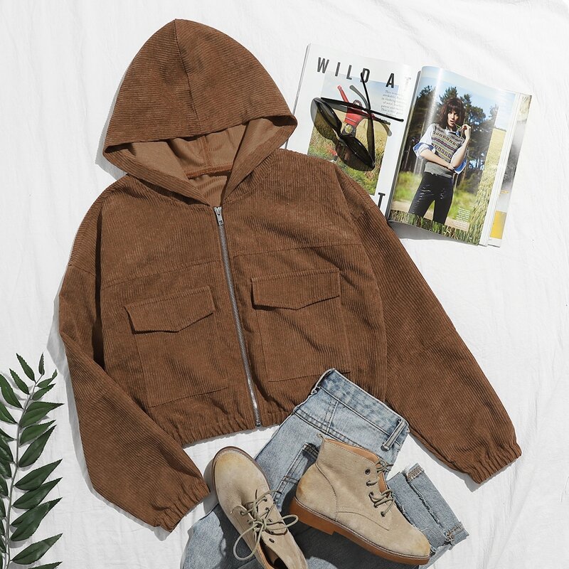 

Flap Pocket Zip Up Corduroy Crop Jacket, Coffee brown