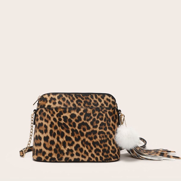 

Leopard Crossbody Bag With Pom Pom, Multicolor