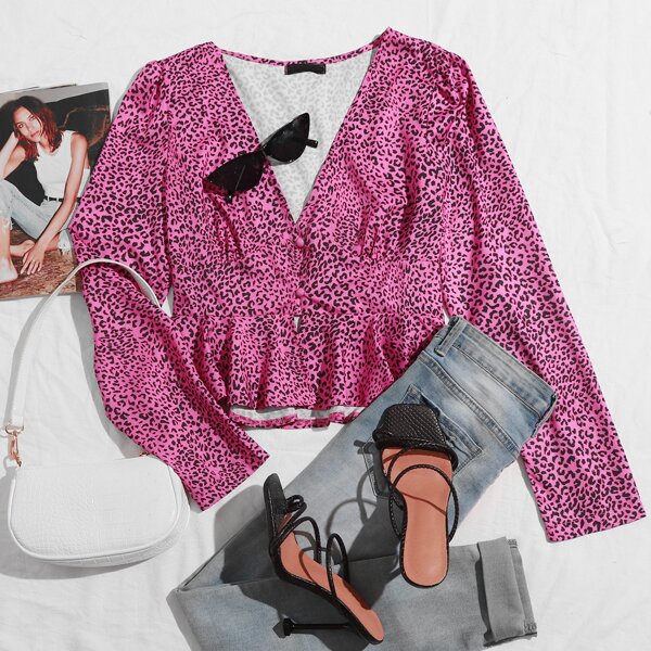 

Button Front Leopard Peplum Blouse, Multicolor