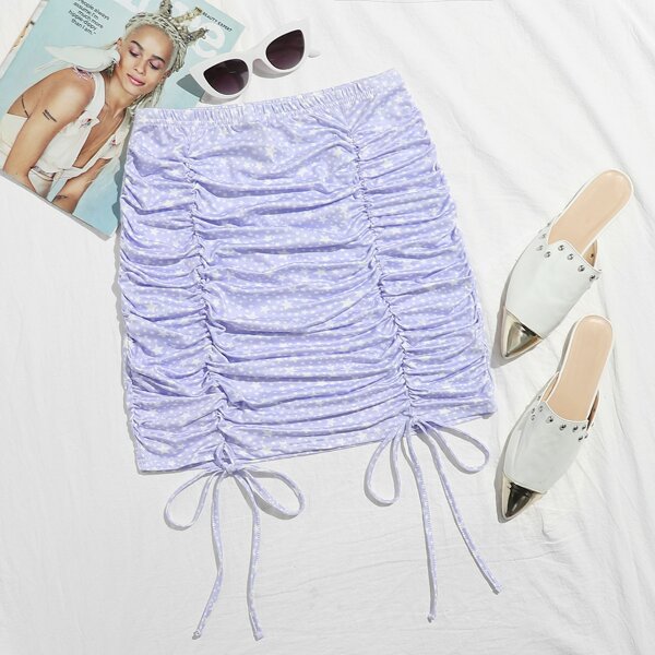 

Drawstring Ruched Star Print Skirt, Lilac purple