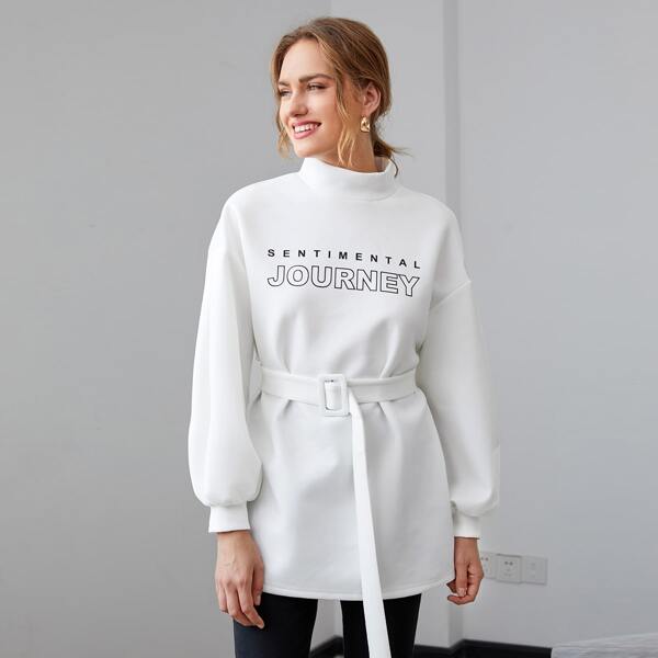 

Letter Graphic Drop Shoulder Lantern Sleeve Belted Pullover, White