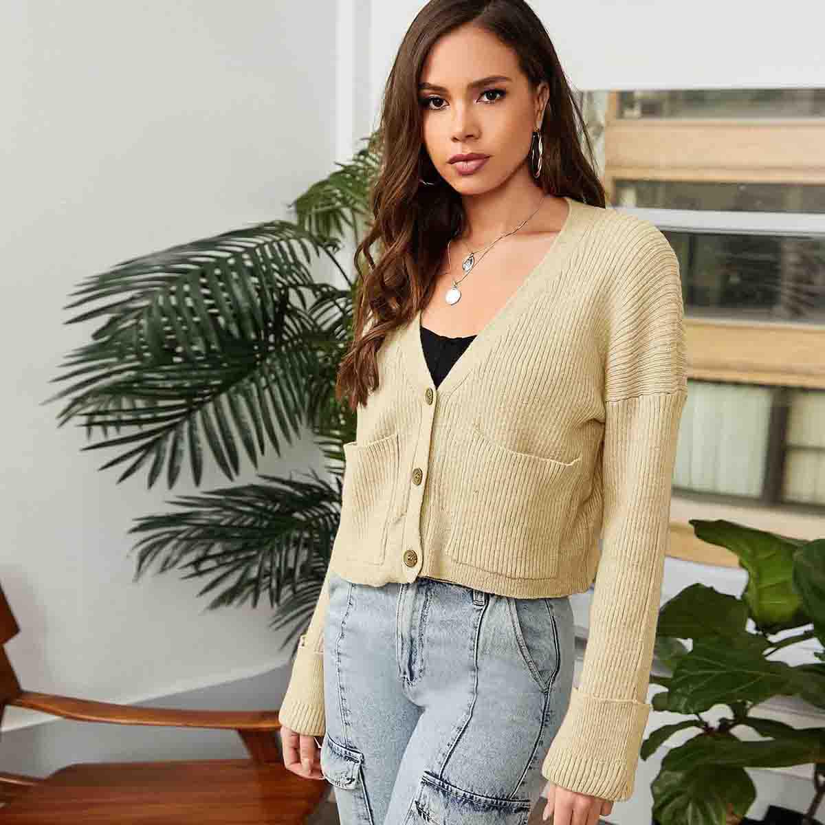 

Drop Shoulder Pocket Front Button Up Cardigan, Apricot