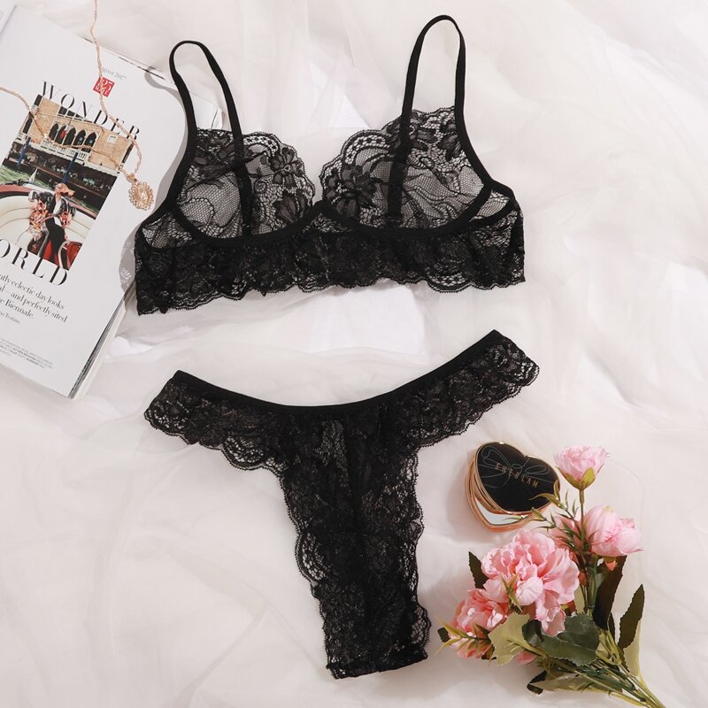 

Floral Lace Lingerie Set, Black