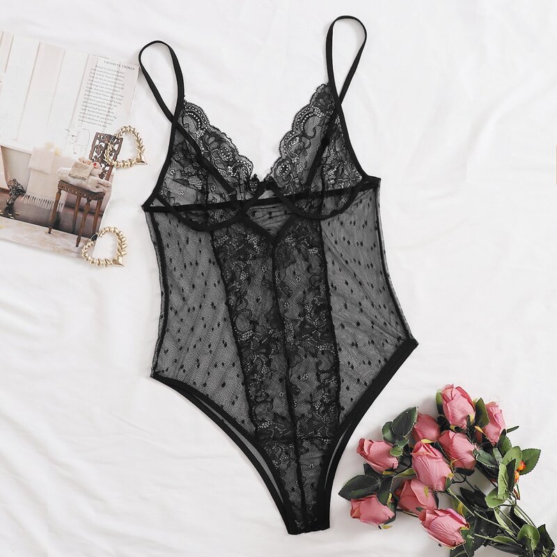 

Floral Lace Teddy Bodysuit, Black