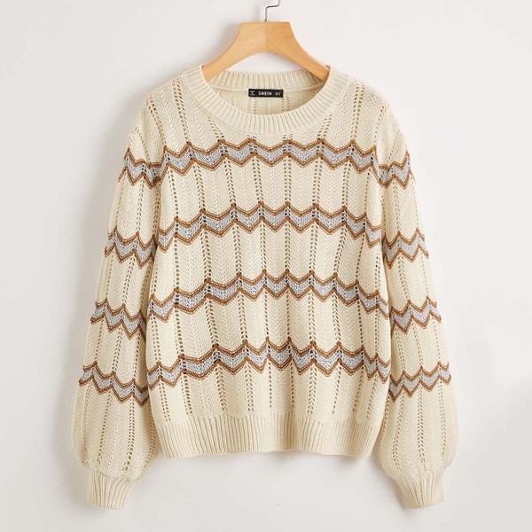 

Drop Shoulder Open Knit Chevron Sweater, Beige