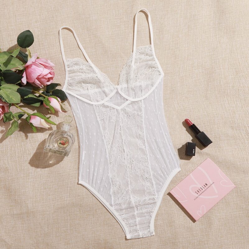 

Floral Lace Teddy Bodysuit, White