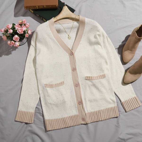 

Contrast Panel Button Up Cardigan, Beige