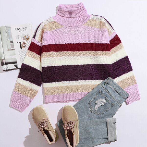 

Rolled Neck Colorblock Sweater, Multicolor