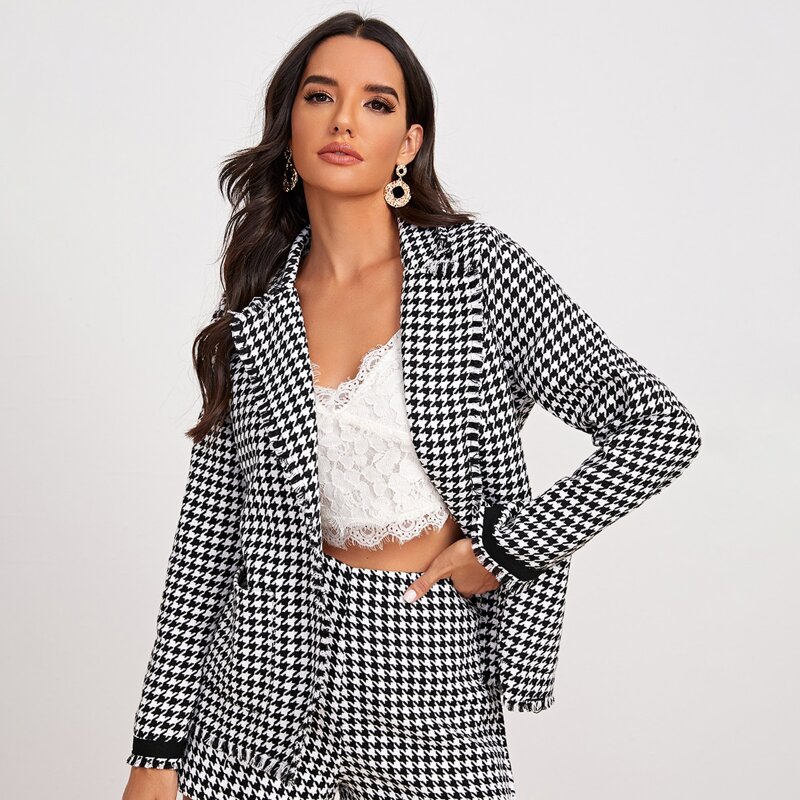 

Raw Hem Houndstooth Blazer, Black and white