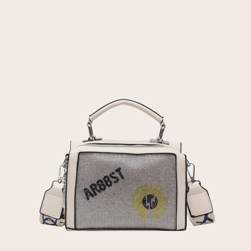 

Rhinestone Decor Letter Graphic Satchel Bag, Beige