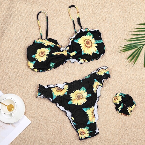 

Sunflower Print Frill Bikini Swimsuit & Scrunchie, Multicolor