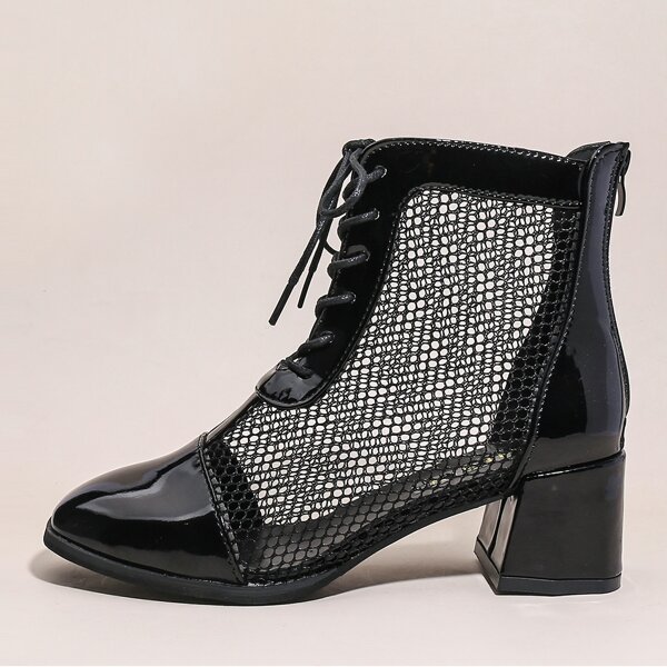 

Lace-up Front Hollow Out Chunky Heeled Boots, Black
