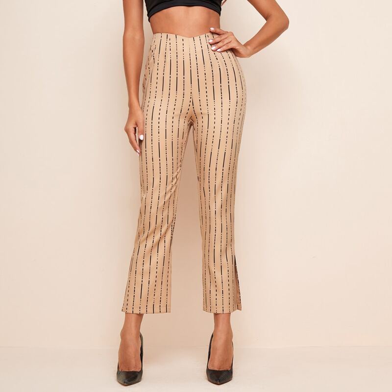 

Striped Split Hem Flare Leg Pants, Khaki