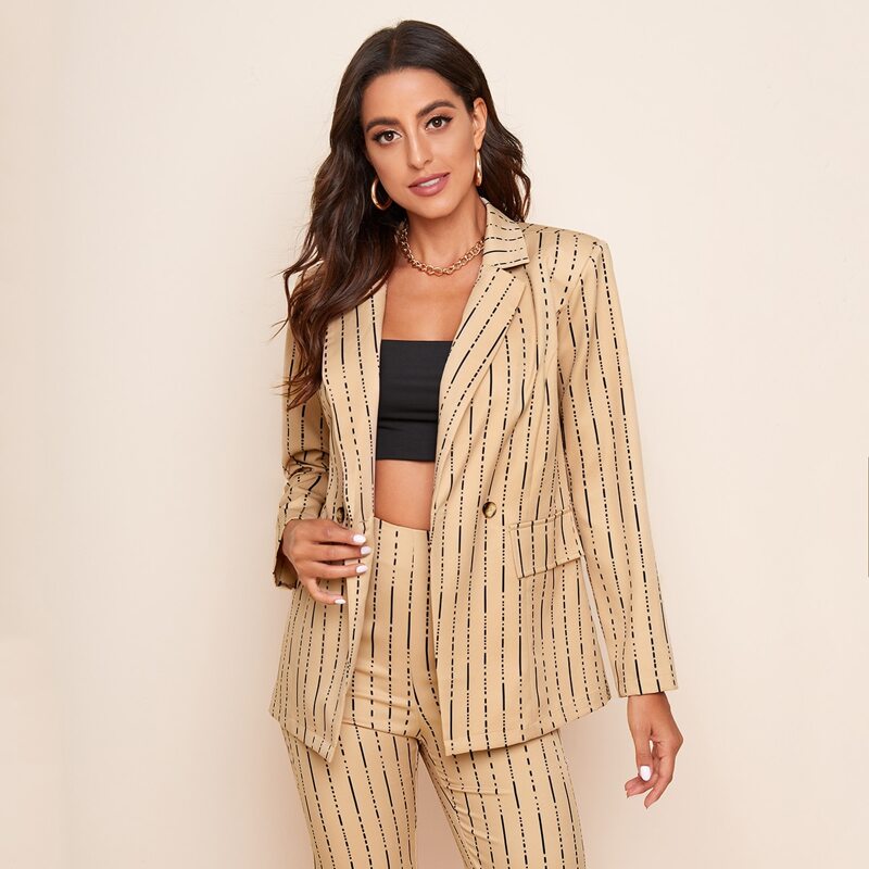 

Striped Double Button Lapel Neck Blazer, Khaki