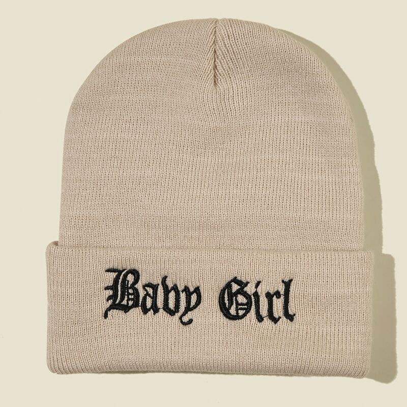 

Letter Embroidered Beanie, Beige