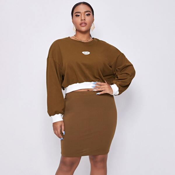 

Plus Letter Embroidered Contrast Panel Pullover and Skirt Set, Brown