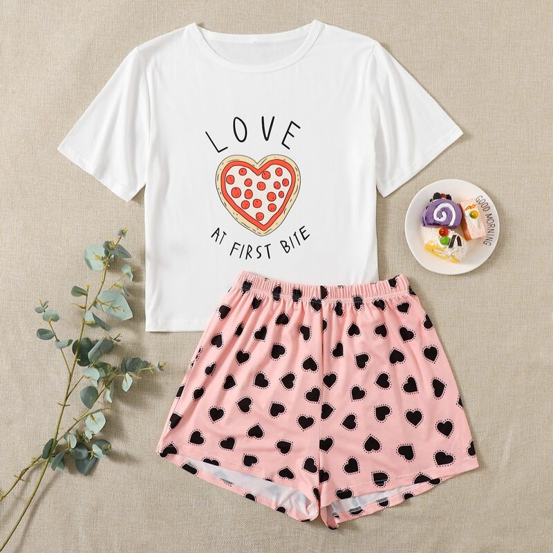 

Heart And Slogan Print Pajama Set, Multicolor