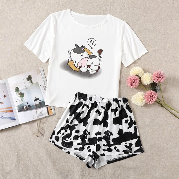 

Cartoon Cow Print Pajama Set, Black and white